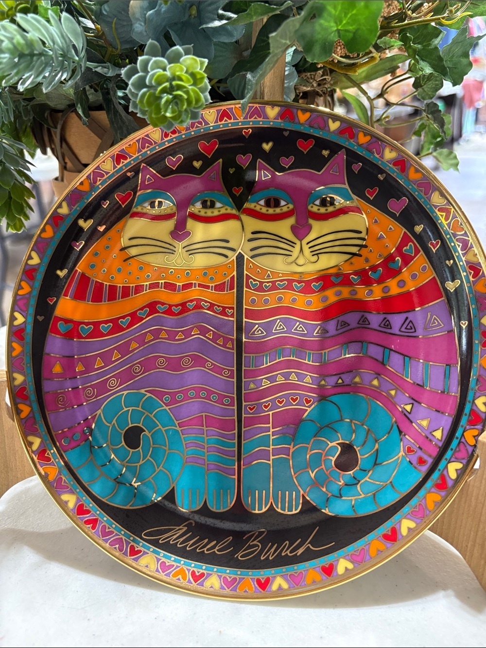 Laurel Burch Twin Cats Decorative Plate - Purple, Teal & Orange